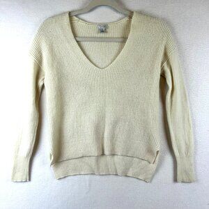Halogen Womens V-Neck 100% Cashmere Sweater XS Cream Textured Knit Long Sleeve